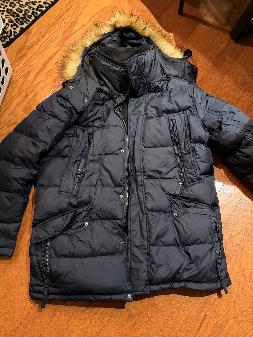 Andrew Marc Men's Dark Navy Quilted Puffer Coat with Faux Fur Trim